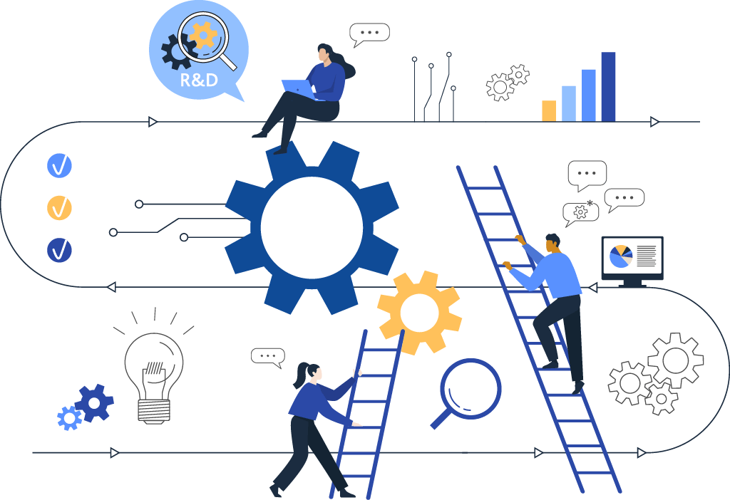 Illustration: Zahnräder symbolisieren den Service von MEDlight, mit Figuren, die sich unterhalten und einander helfen.